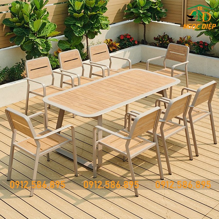 Mẫu bàn gỗ chữ nhật se tròn cạnh kèm 8 ghế gỗ cho sân vườn