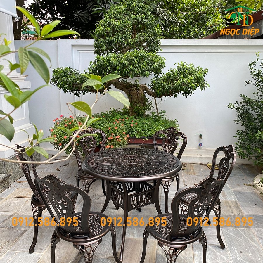 Mẫu bàn tròn nhôm đúc 6 ghế ngoài trời cho sân vườn biệt thự villa