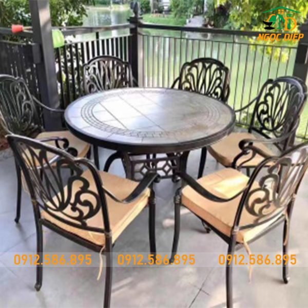 Bàn Tròn Mặt Đá 6 Ghế Nhôm Đúc ND-27